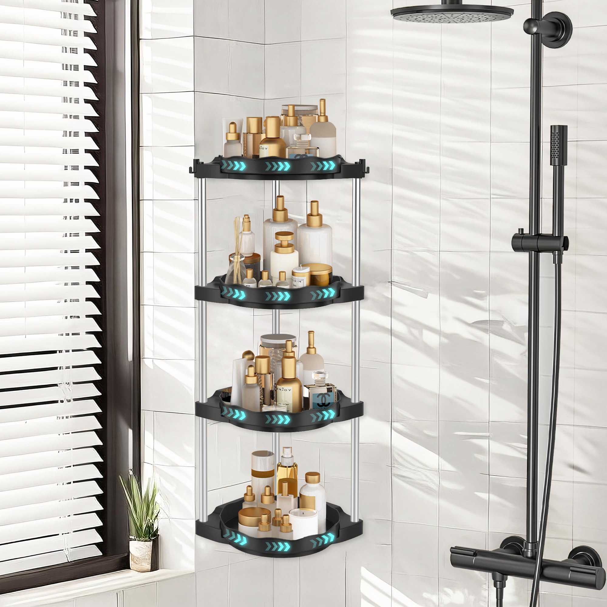 MOSAMNI Corner Shower Caddy Standing, 4-Tiers Rotating Shower Organizer Shelves Stand with Hooks, Large Floor Shower Shelf Bath Holder Rack Storage for Home Bathroom Kitchen Decor, Black