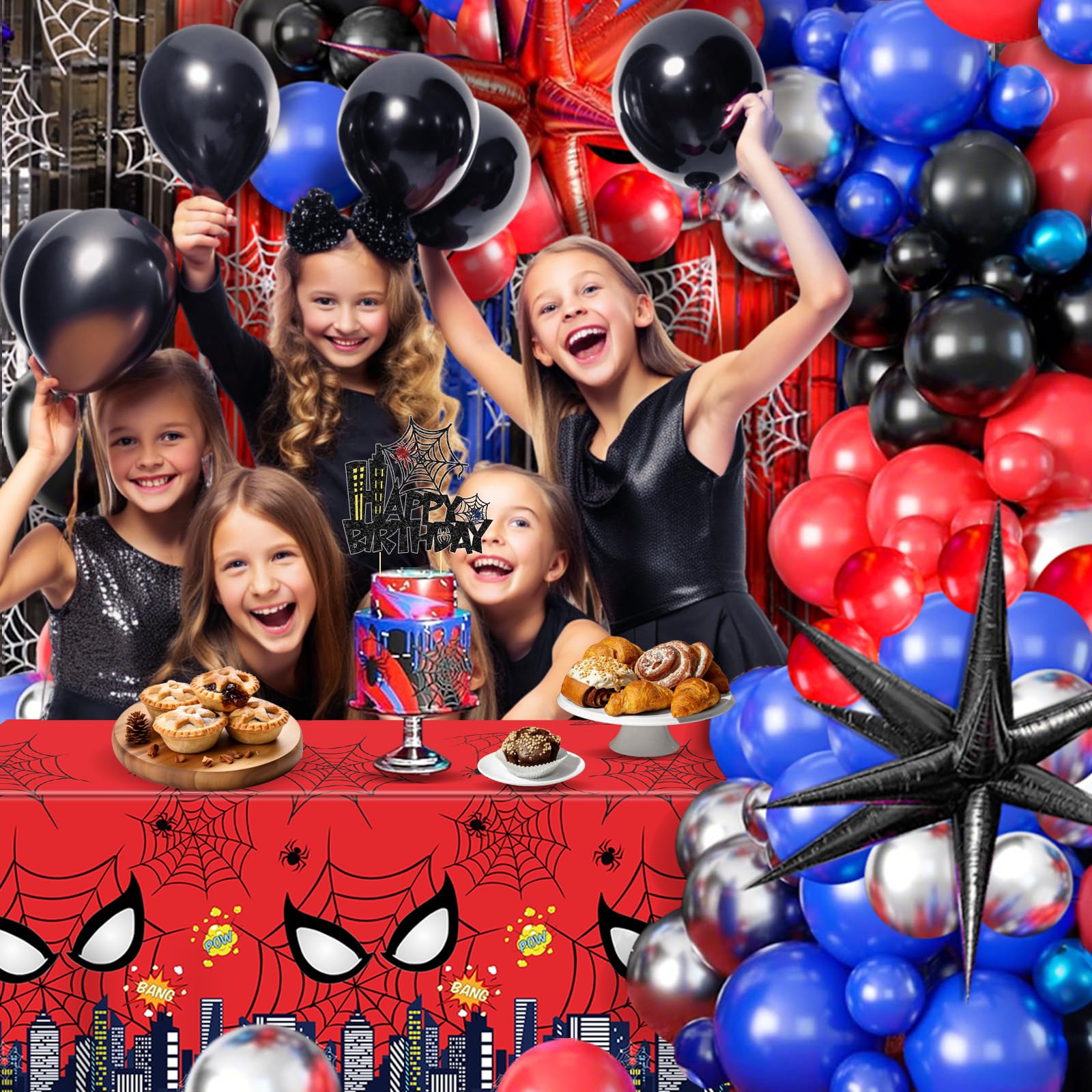 127pcs Spider Party Decorations Balloons Black Red and Blue Balloons Garland Kit Arch Backdrop Tablecloth Banner Cake Hero Theme Birthday Party Decorations Foil Fringe Curtains For Kids