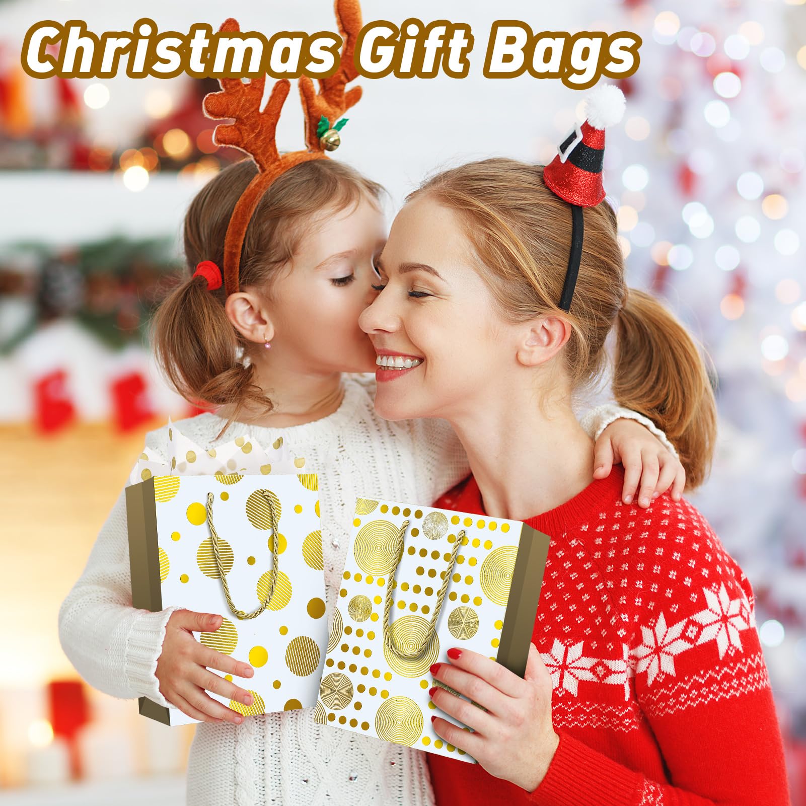 Fingertip WD 12 Pcs Medium Size Gift Bags with Tissue Paper, 9.1" x 6.9" x 3.9" Gold Gift Bags with Handles, Paper Gift Bags for Shopping, Wedding, Baby Shower, Holiday