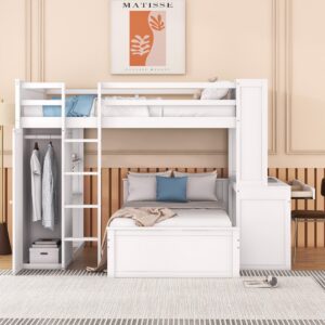 Full Over Twin Bunk Beds with Desk and Drawers , Wooden Full Size Loft Bed with Removable Twin Bed , Wardrobe and Shelves , Storage Bunk Bed with Ladder & Guardrails for Kids Girls Boys , White