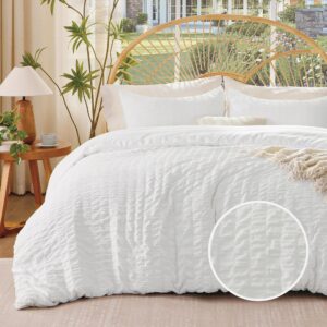 freshculture white duvet cover king, 3 pieces seersucker duvet cover set for all seasons, textured duvet cover with zipper closure and corner ties, 1 duvet cover & 2 pillow shams