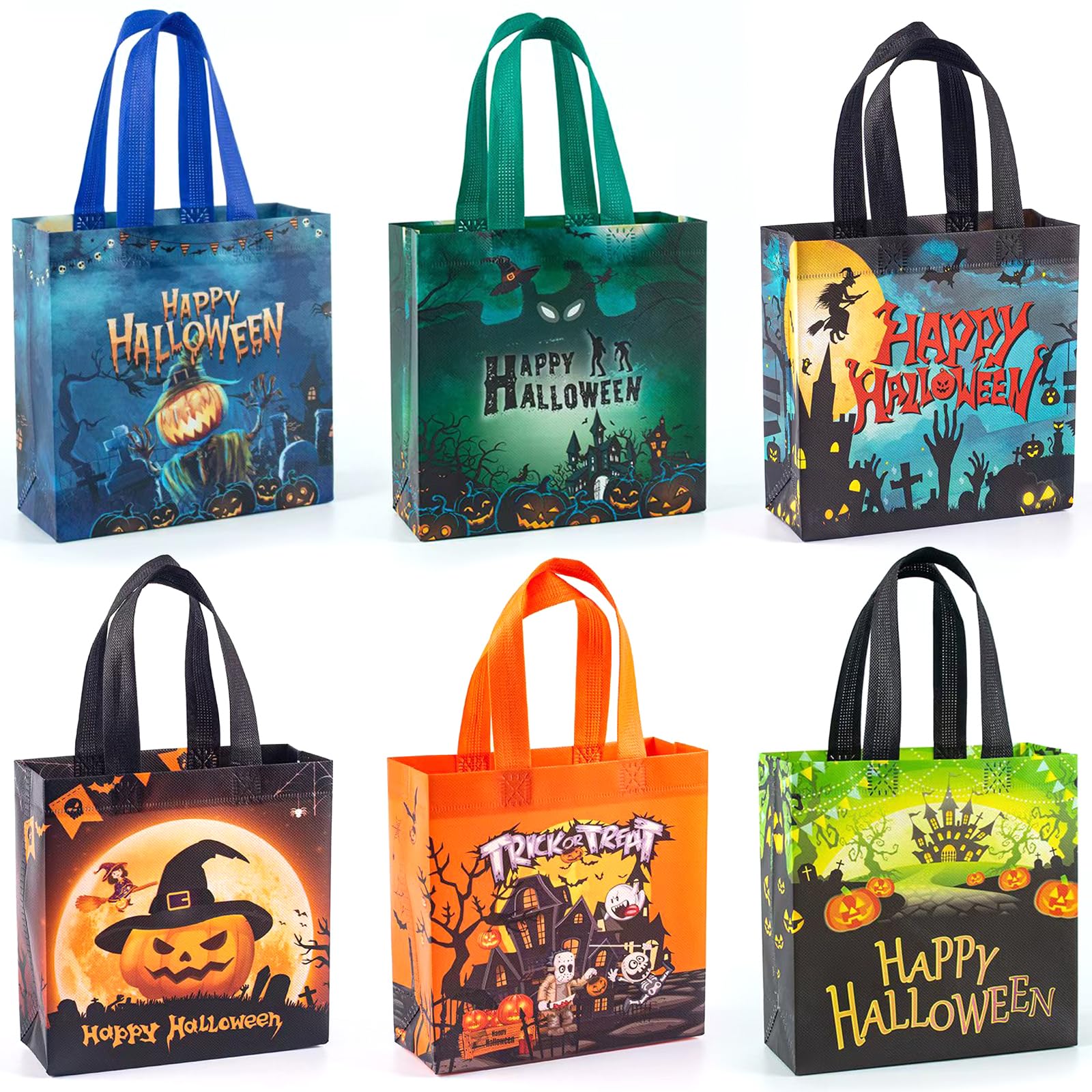 JOLYMOLY Halloween Trick or Treat Bags, 6pcs Halloween Candy Bags with Handles, Multifunctional Non-Woven Tote Bags for Party Supplies Halloween Decoration, 7.9"×7.9"×3.9"