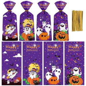 padelo 60 pcs halloween treat bags - cute happy halloween candy bags, plastic halloween cellophane goodie gift goody bags with golden twist ties for halloween themed party supplies favors, 4 styles