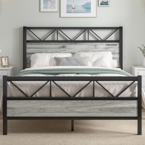 CHABUILDREARK Queen Bed Frame, Industrial 51.2" Platform Bed, Tall Headboard Queen Bed Frame with Strong Metal Support, No Box Spring Needed, Easy Assembly, Wash Grey