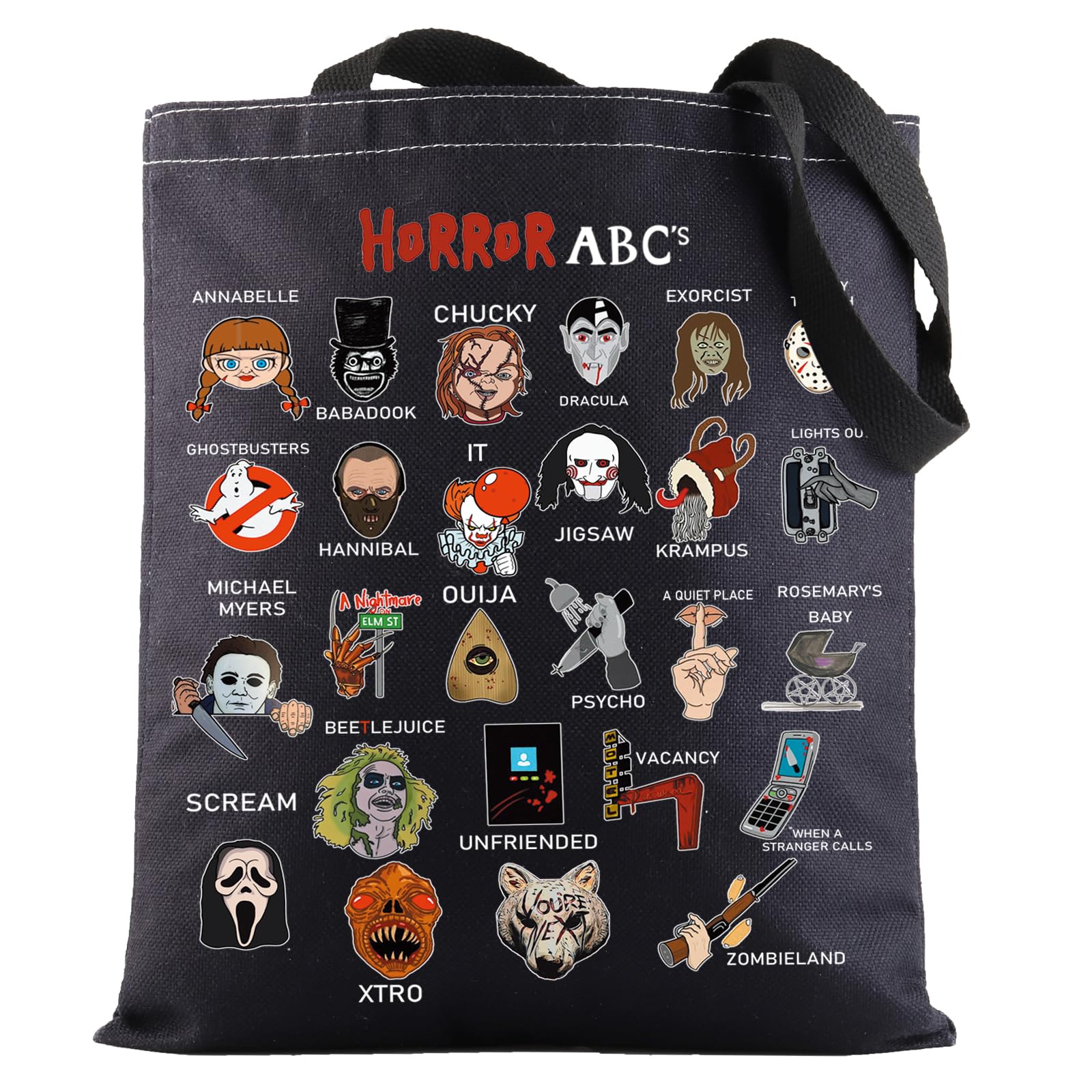 G2TUP Horror Movies Characters Canvas Bag Scary Movies Reusable Tote Bag Halloween Candy Bag (Horror ABC BL TG)