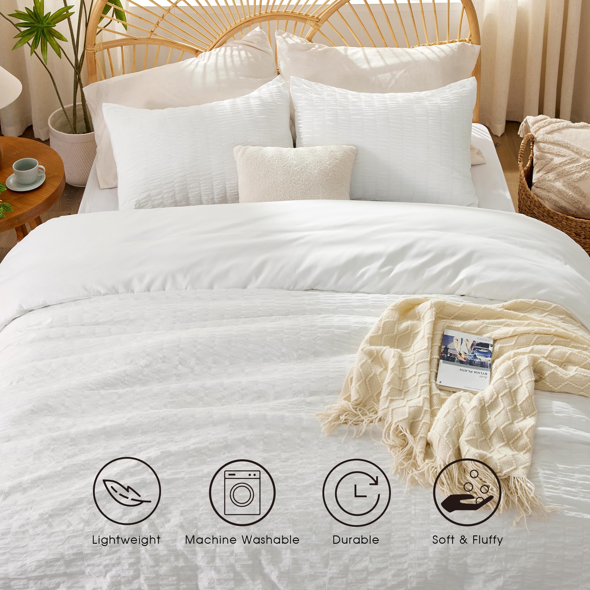 FreshCulture White Duvet Cover King, 3 Pieces Seersucker Duvet Cover Set for All Seasons, Textured Duvet Cover with Zipper Closure and Corner Ties, 1 Duvet Cover & 2 Pillow Shams