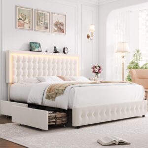 hifit upholstered full size led bed frame with charging station and 4 large storage drawer, velvet button tufted full platform bed with adjustable headboard, no box spring needed, easy assembly, beige