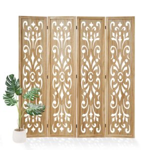 svimi folding room divider, 66.9 inch wood carved privacy screens, free assembled freestanding portable classical decorative partition for home office restaurant bedroom (4 panels, natural)