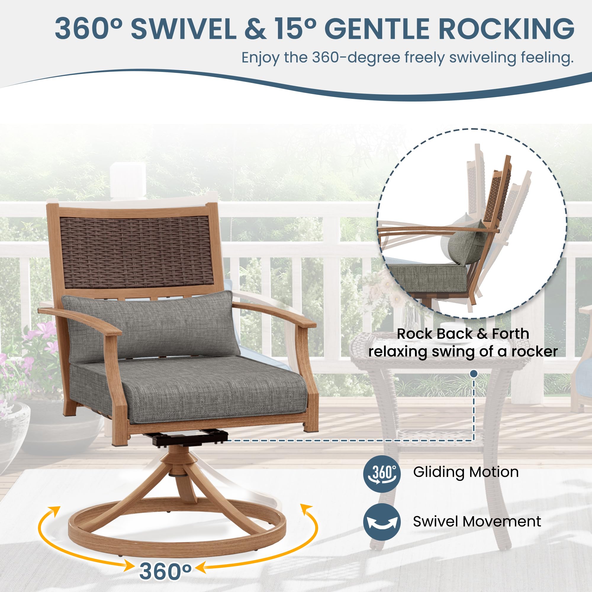 Amopatio 3 Pieces Patio Swivel Chairs Set of 2 with Wicker Table, Bistro Set with Swivel Rocker Chair, Outdoor Furniture with Thickened Cushions for Porch Backyard Deck (Gray)