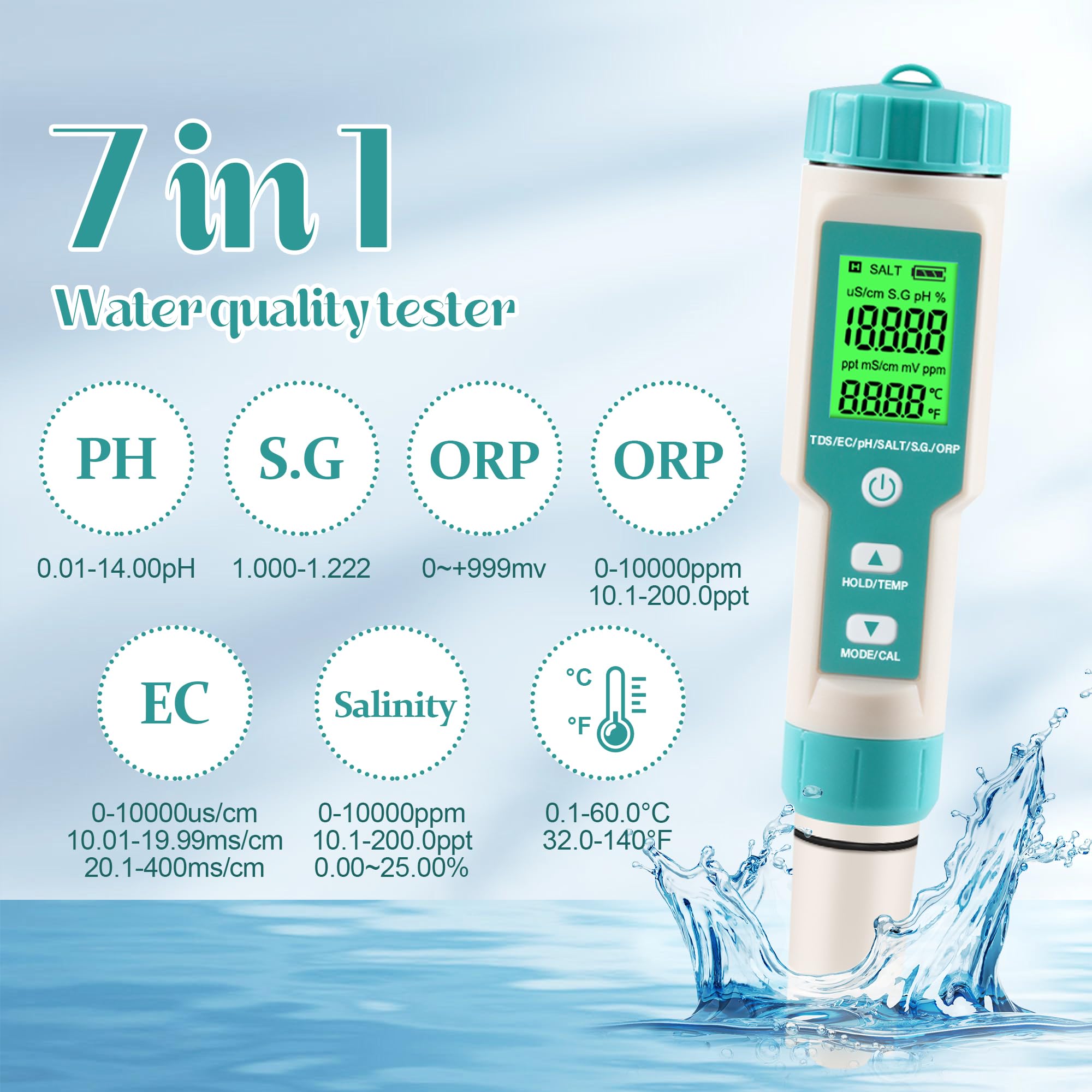 pH Meter for Water 7 in 1 PH/TDS/EC/Salt/S.G/ORP/Temp Meter,pH Tester Digital Backlit Waterproof LCD,TDS Meter EC Meter PPM Meter Suitable for Pools, Drinking Water, Aquariums, Hydroponic Cooking.