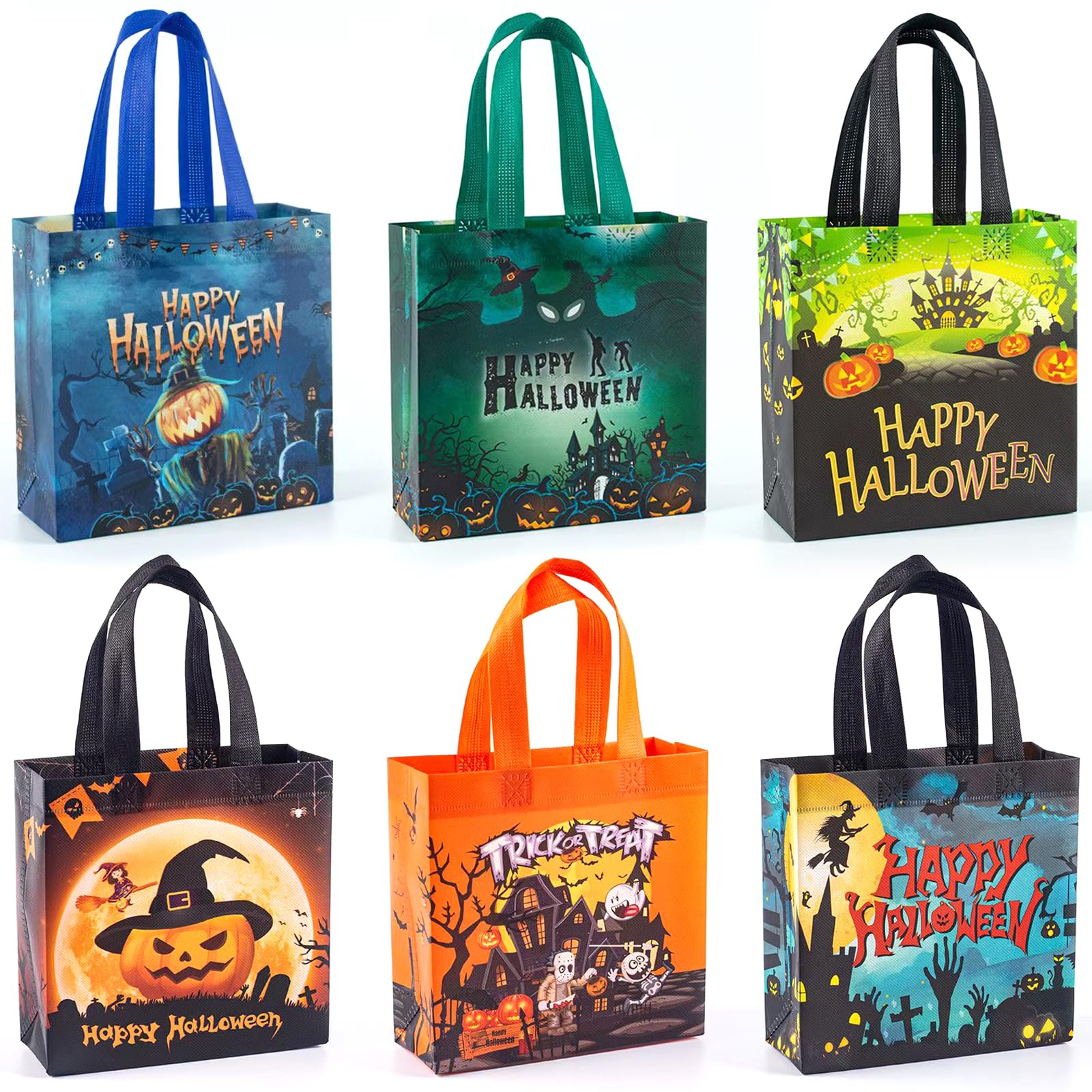 JOLYMOLY Halloween Trick or Treat Bags, 6pcs Halloween Candy Bags with Handles, Multifunctional Non-Woven Tote Bags for Party Supplies Halloween Decoration, 7.9"×7.9"×3.9"