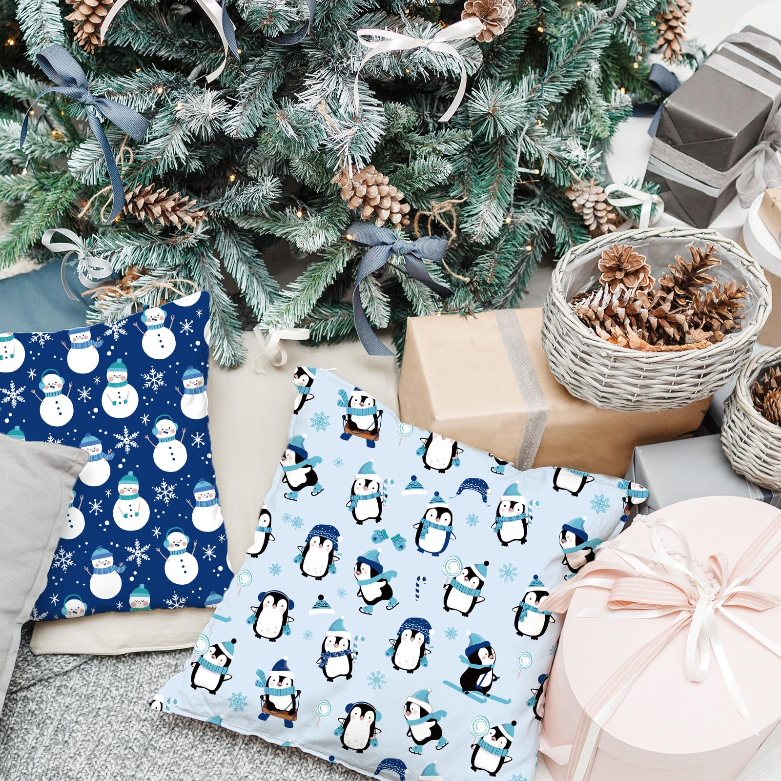 JarThenaAMCS 12Pcs Winter Cotton Fabric Bundles 18 x 22 Inch Snowflake Snowman Santa Penguin Fat Quarters Blue White Sewing Fabrics for Xmas Winter DIY Craft Party Decor