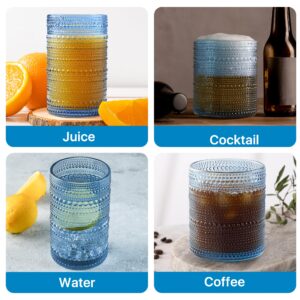 DmmyAlzx Hobnail Drinking Glasses Set of 12 Count, Vintage Glassware, Old Fashioned Glasses, 6 Highball Bubble Glasses Drinking 15 oz, 6 Rocks Glass Cup 14.5 oz with 12 Silicone Coasters, Blue