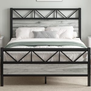 chabuildreark queen bed frame, industrial 51.2" platform bed, tall headboard queen bed frame with strong metal support, no box spring needed, easy assembly, wash grey