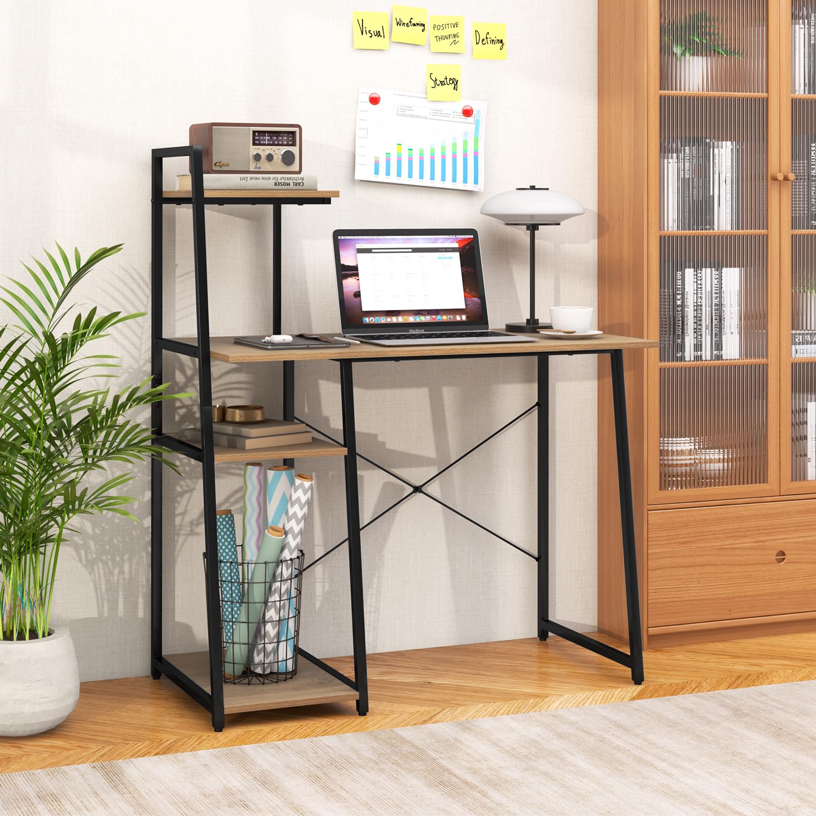 Giantex Computer Desk with Shelves, 47.5” Home Office Desk with Bookshelf, Host Stand, Metal Frame, PC Laptop Workstation, Modern Study Writing Desk for Bedroom, Small Space (Natural & Black)