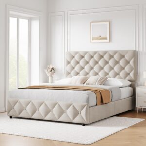 IDEALHOUSE Queen Size Bed Frame with 4 Storage Drawers, Linen Upholstered Platform Bed Frame with Adjustable Headboard, Diamond Stitched Button Tufted, No Box Spring Needed, Off White