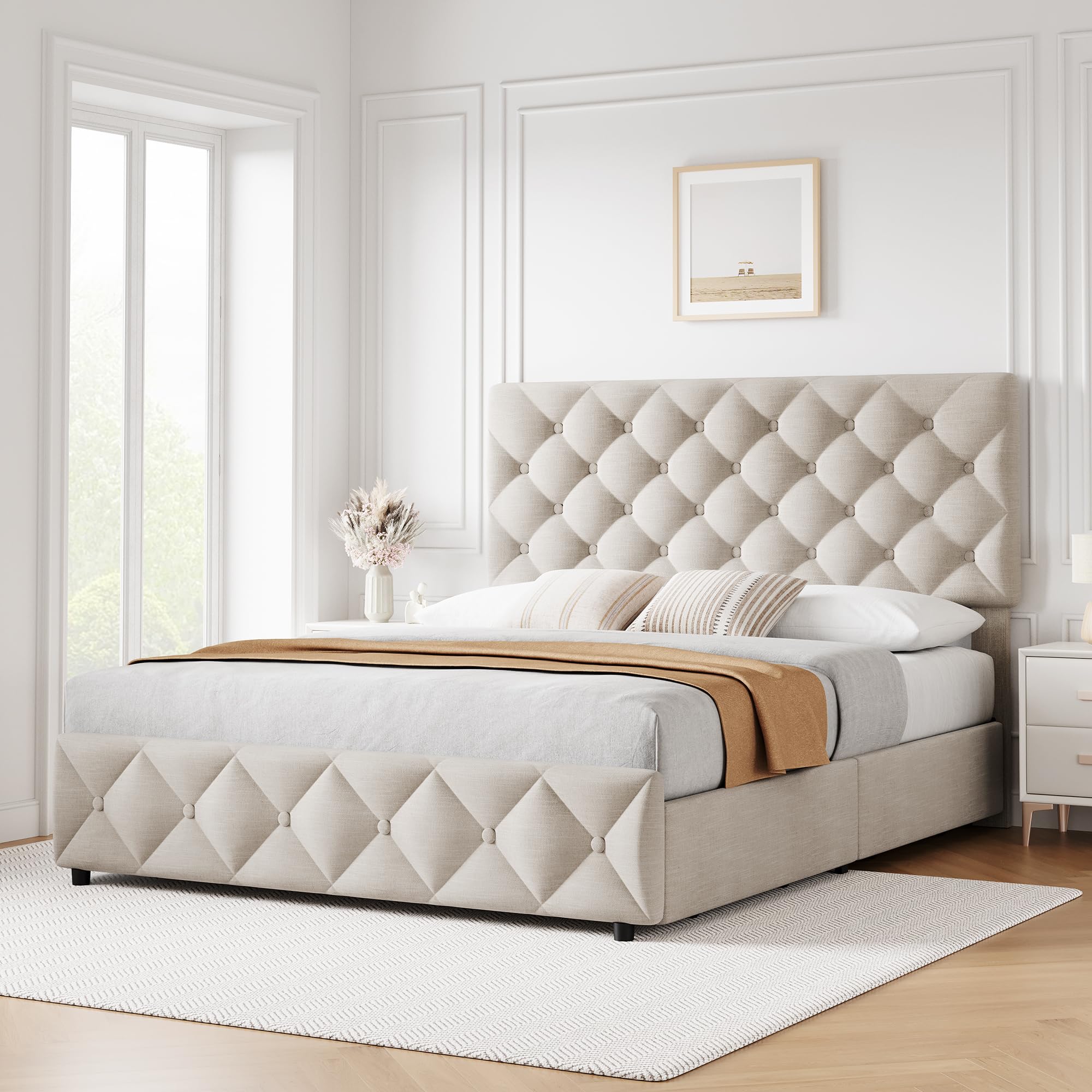 IDEALHOUSE Queen Size Bed Frame with 4 Storage Drawers, Linen Upholstered Platform Bed Frame with Adjustable Headboard, Diamond Stitched Button Tufted, No Box Spring Needed, Off White