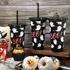 JarThenaAMCS 12Pcs Halloween Plastic Cups with Straw and Lid Cute Ghost Tumbler Boo Plastic Cups for Cold Drinks Halloween Decoration Party Favors