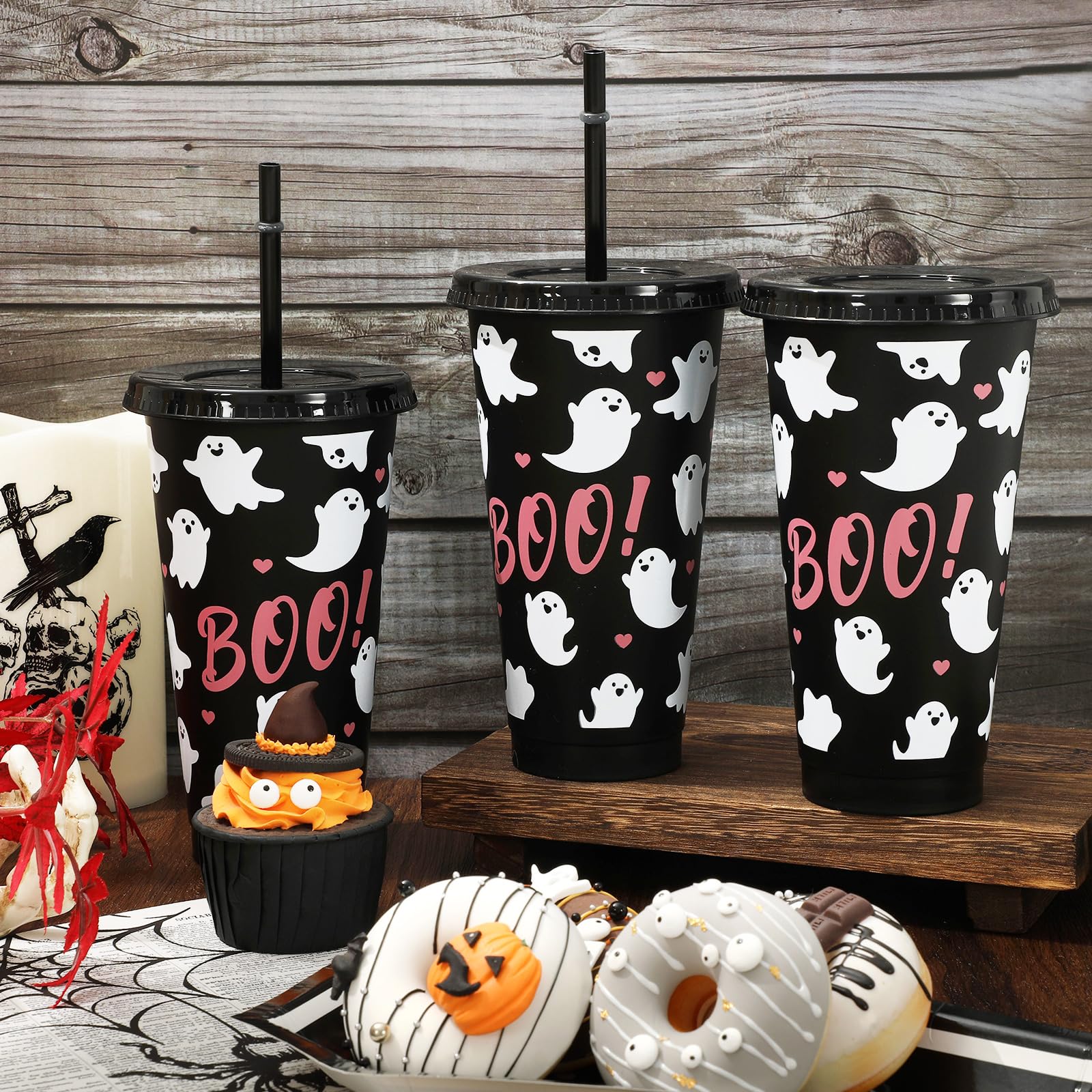 JarThenaAMCS 12Pcs Halloween Plastic Cups with Straw and Lid Cute Ghost Tumbler Boo Plastic Cups for Cold Drinks Halloween Decoration Party Favors