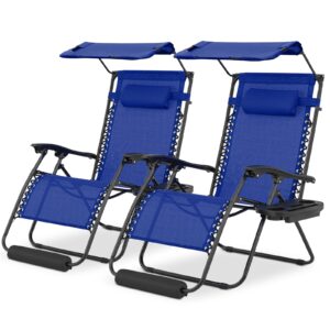 magshion oversized zero gravity chairs set of 2 with canopy, foldable patio recliner with foot rest, 29-inch, blue