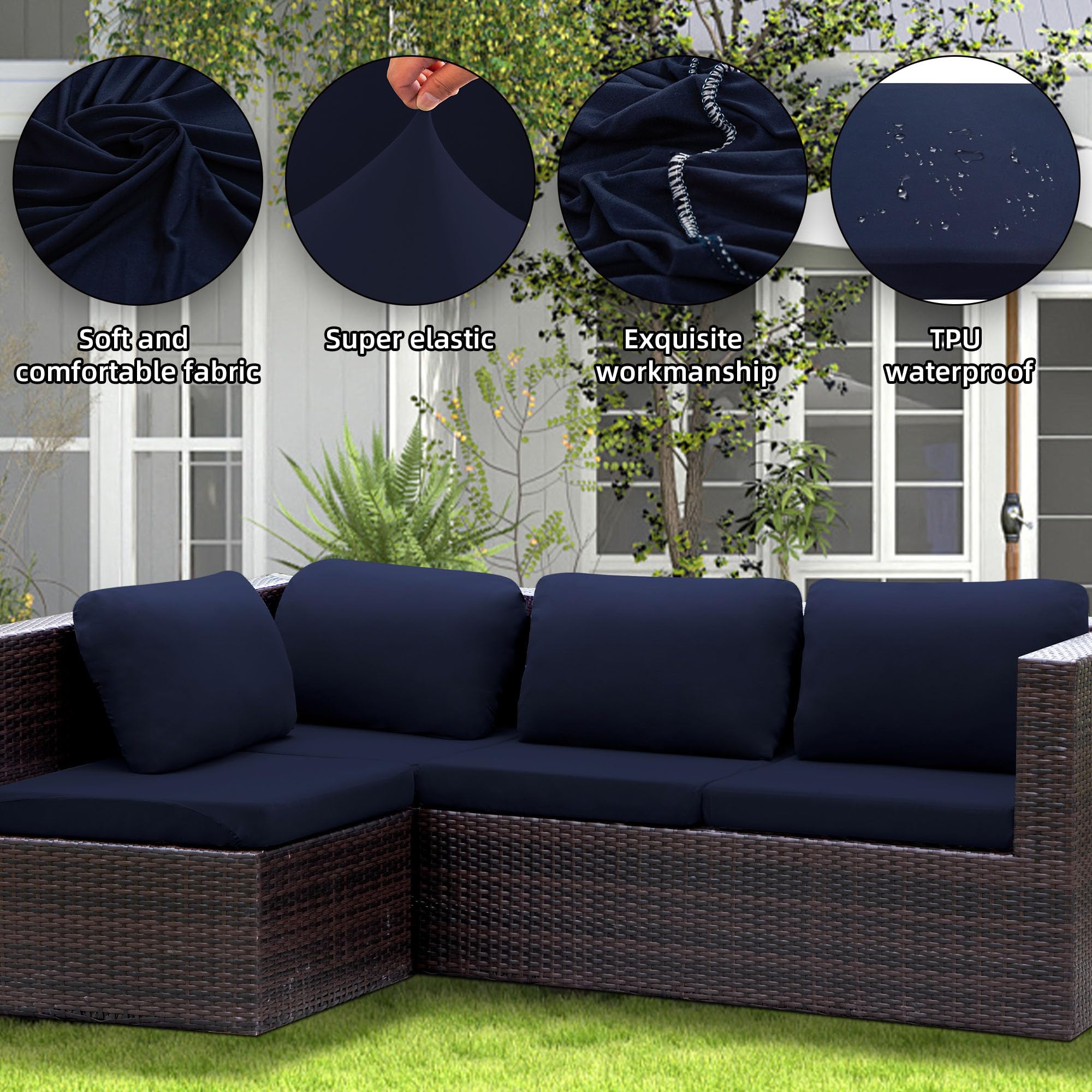 SUKAIKEQA 8Pcs Stretch Outdoor Cushions Cover Waterproof Patio Cushions Cover Outdoor Furniture Patio Cushion Cover Replacement Outdoor Cushion Slipcovers Outdoor Couch Cushions Cover (Dark Blue)