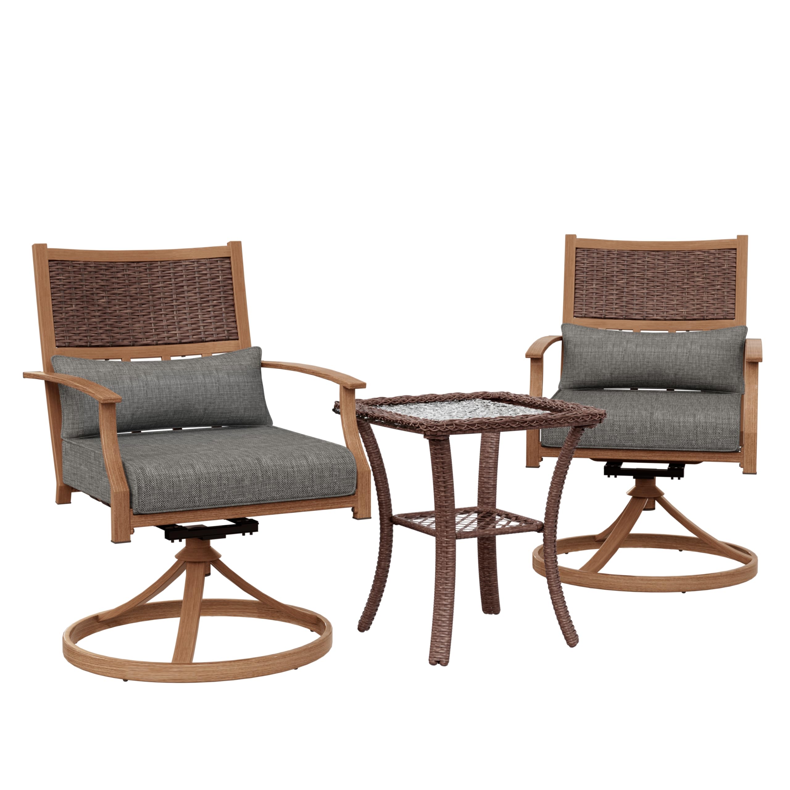 Amopatio 3 Pieces Patio Swivel Chairs Set of 2 with Wicker Table, Bistro Set with Swivel Rocker Chair, Outdoor Furniture with Thickened Cushions for Porch Backyard Deck (Gray)