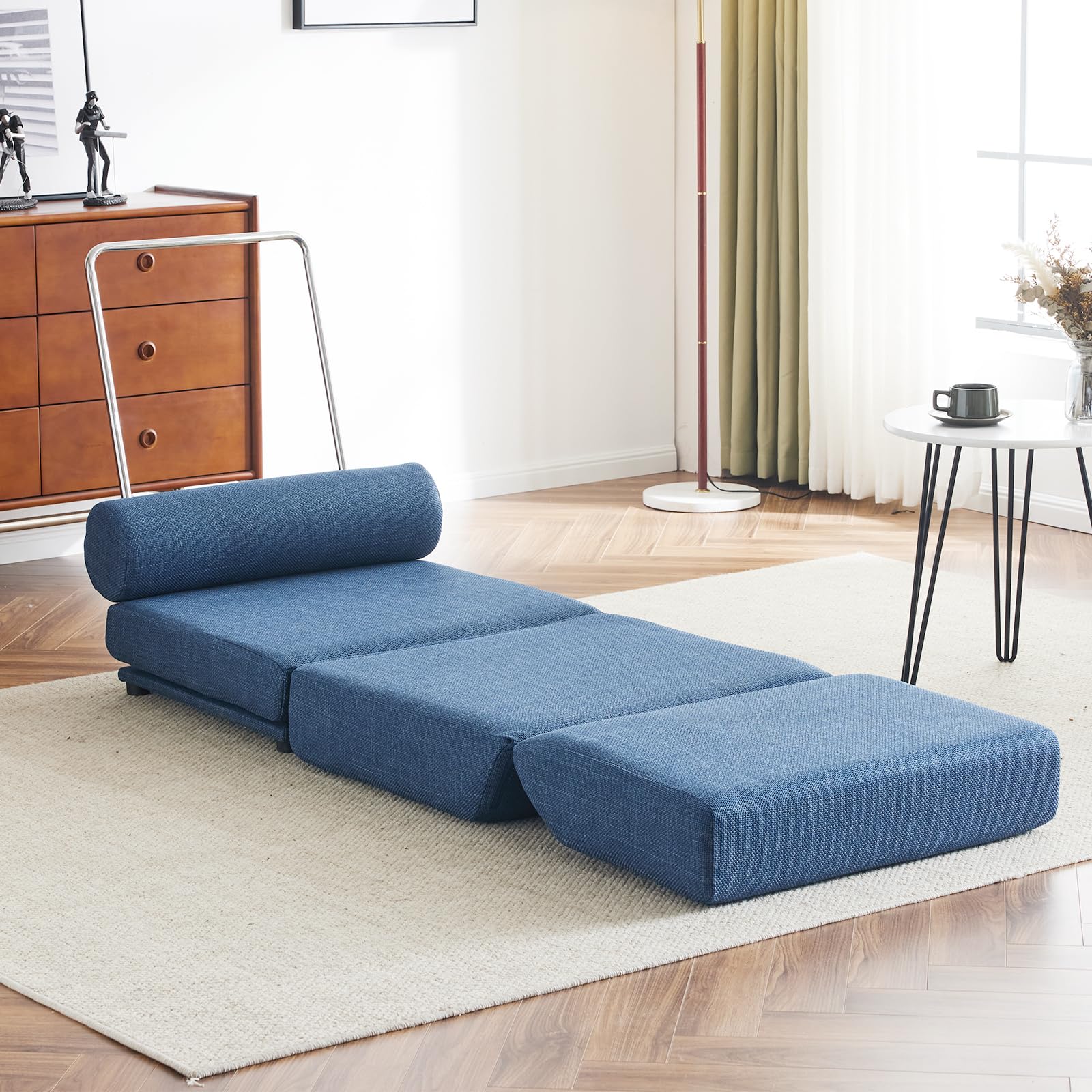 VIRIDURE Folding Sofa Bed Futon Couch, Single Floor Sofa,Mini Sleeper Chair, Convertible Sofa Bed for Guest Room,Living Room,Bedroom,Office (Blue)