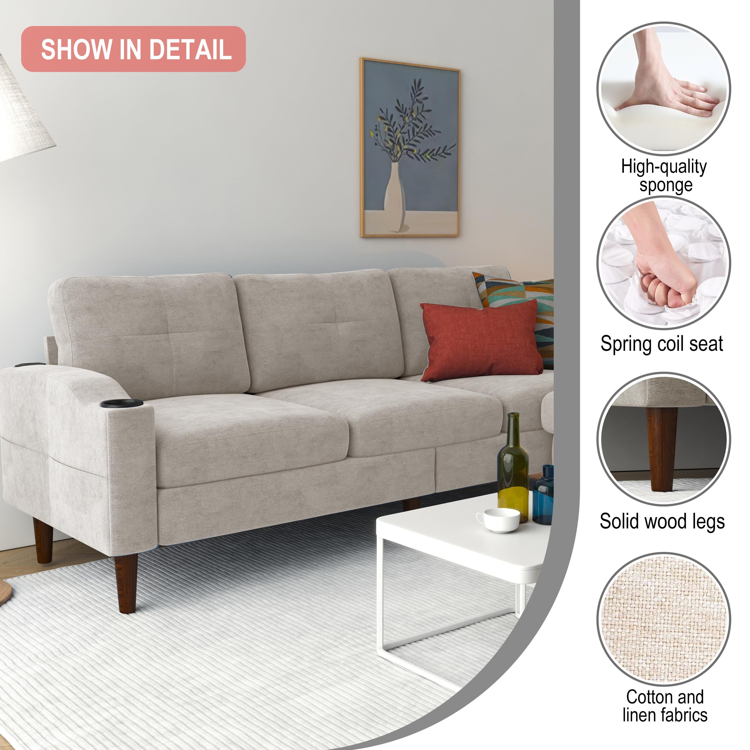 Tongbaiyi 78" Convertible Sectional Sofa Couch, L Shaped Couch Sofa for Living Room, Small 3 Seater Sofa Couch with Storage Ottoman and USB Port and Cup Holder (Beige)