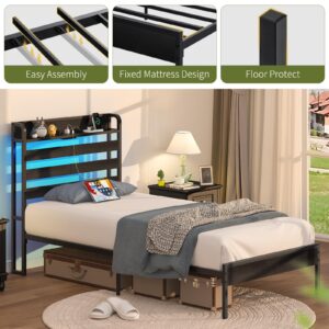 Yoobure Twin Bed Frames with Storage Headboard, Led Bed Frame with Charging Station, Metal Platform Bed Wood Bedframe with Heavy Duty Slats, Noise-Free, No Box Spring Needed, Easy Assembly