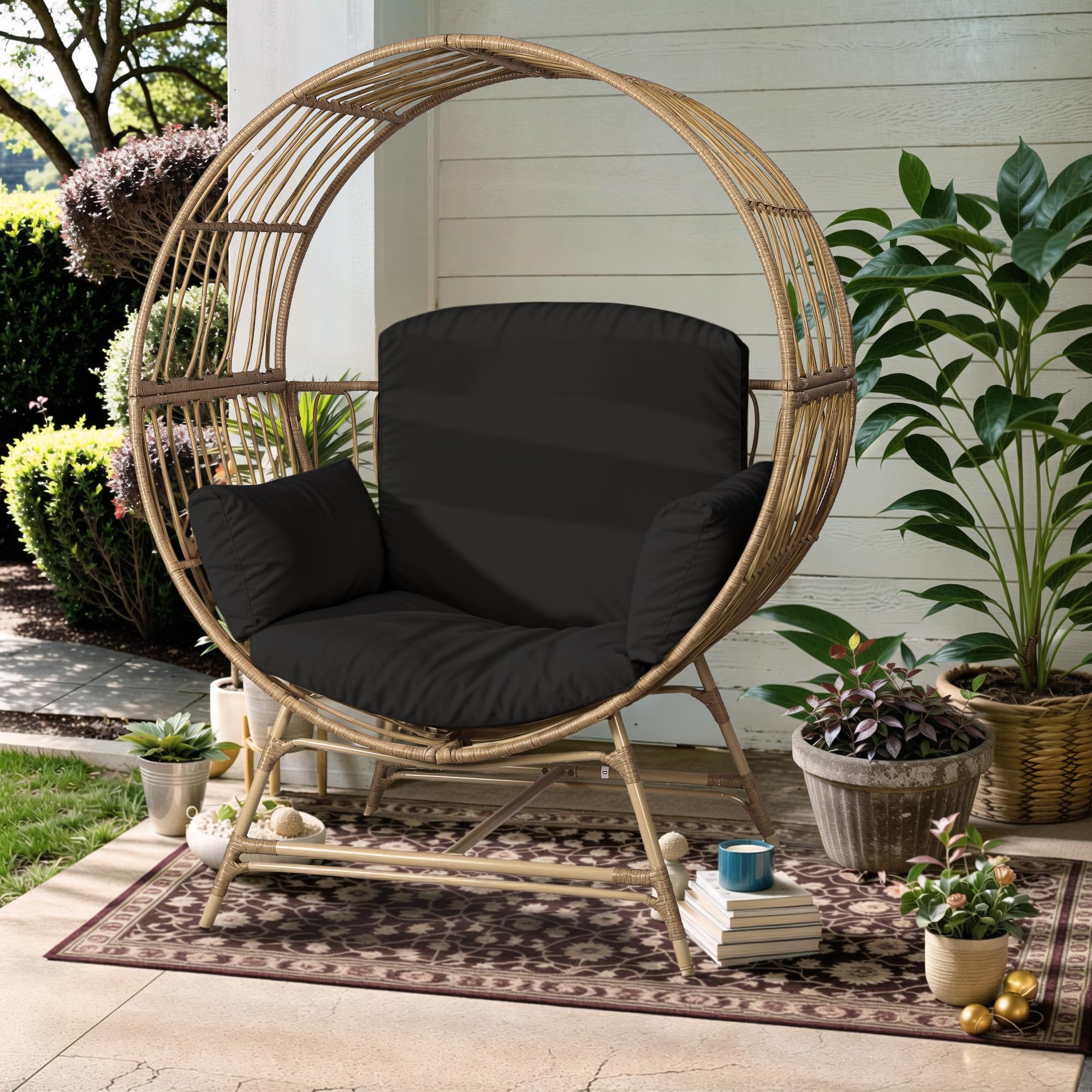 Rattan Wicker Egg Chair, Egg Basket Lounge Chair with 4 Cushions, Oversized Indoor and Outdoor Lounger Chair for Patio & Living Room, Steel Frame, 330lbs Capacity