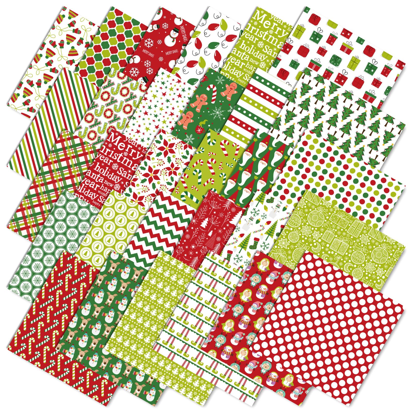 JarThenaAMCS 60Pcs Christmas Cotton Fabric Bundles 10 x 10 Inch Xmas Tree Snowflake Santa Gingerbread Fat Quarters Red Green White Sewing Fabrics for Xmas Winter DIY Craft Party Decor