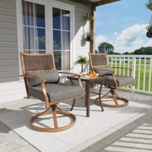 Amopatio 3 Pieces Patio Swivel Chairs Set of 2 with Wicker Table, Bistro Set with Swivel Rocker Chair, Outdoor Furniture with Thickened Cushions for Porch Backyard Deck (Gray)