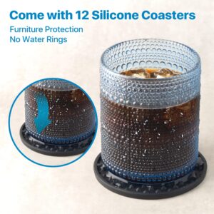 DmmyAlzx Hobnail Drinking Glasses Set of 12 Count, Vintage Glassware, Old Fashioned Glasses, 6 Highball Bubble Glasses Drinking 15 oz, 6 Rocks Glass Cup 14.5 oz with 12 Silicone Coasters, Blue