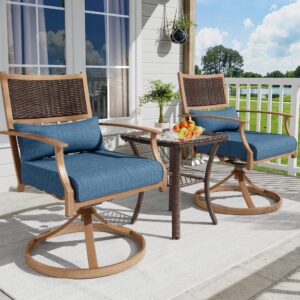 Amopatio 3 Pieces Patio Swivel Chairs Set of 2 with Wicker Table, Bistro Set with Swivel Rocker Chair, Outdoor Furniture with Thickened Cushions for Porch Backyard Deck (Blue)