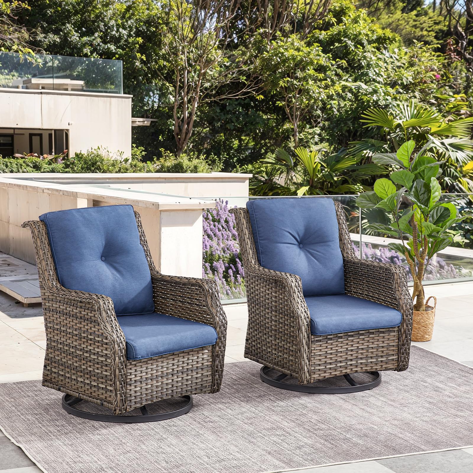 Bellefurn Patio Furniture Set 2 Swivel Glider Patio Chairs 2 Rattan Ottomans with Wicker Side Table 5pcs Grey Wicker Blue Cushions Patio Conversation Set for Garden Balcony Sunroom Backyard