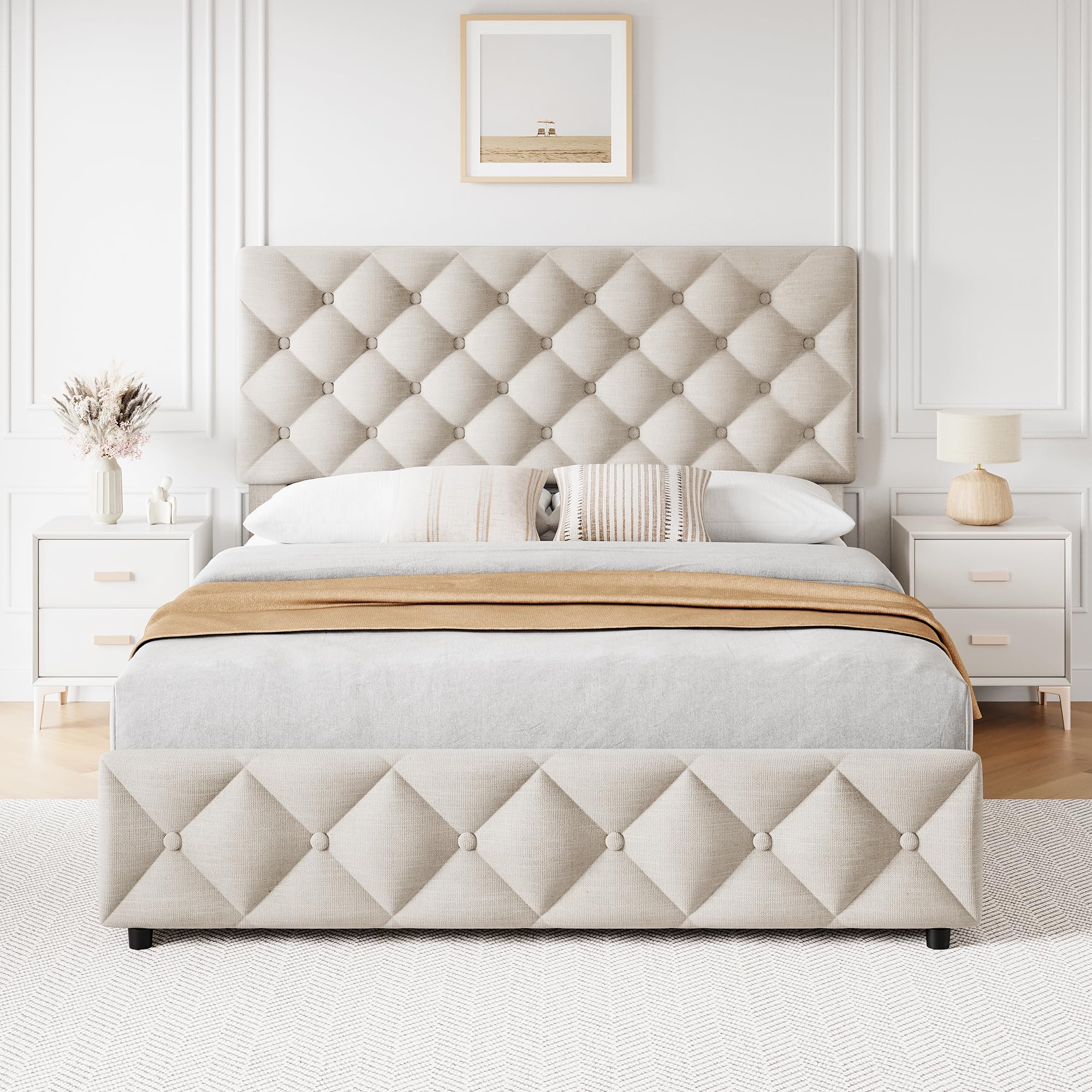 IDEALHOUSE Queen Size Bed Frame with 4 Storage Drawers, Linen Upholstered Platform Bed Frame with Adjustable Headboard, Diamond Stitched Button Tufted, No Box Spring Needed, Off White