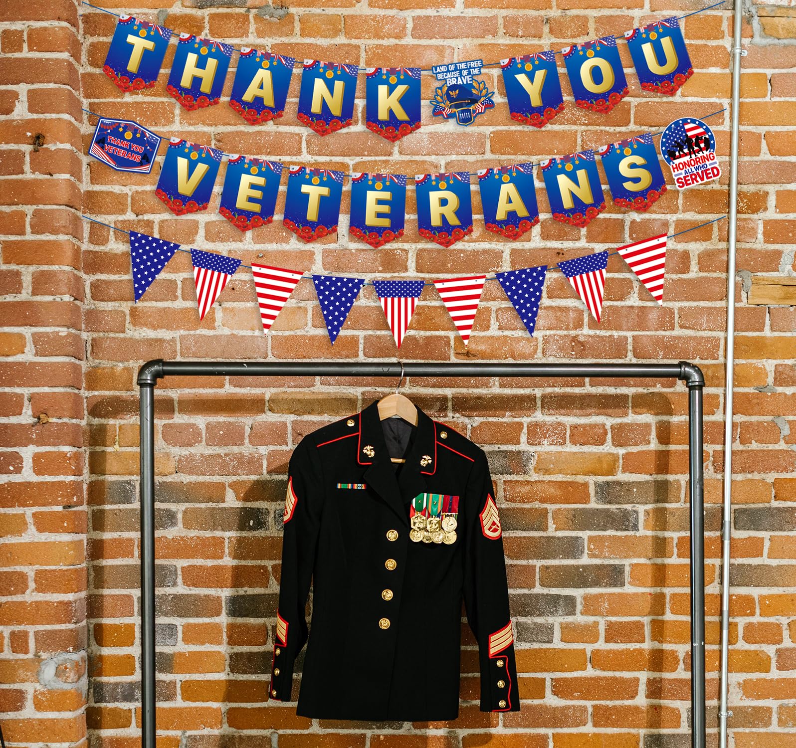 YEIRFYY Thank You Veterans Paper Banner and Pennant Banner Veterans Day Thank You for Your Service Bunting Banner Veterans Day Honoring All Who Served America Patriotic Party Decorations