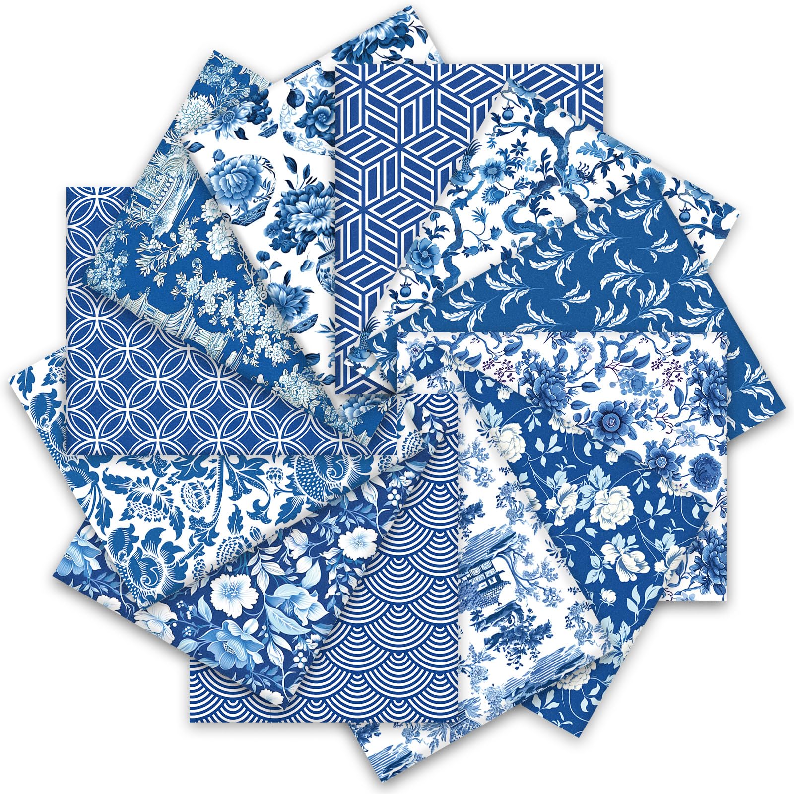 JarThenaAMCS 12Pcs Blue Chinoiserie Cotton Fabric Bundles 18 x 22 Inch White Blue China Fat Quarters Oriental Sewing Fabrics for DIY Craft Party Decor