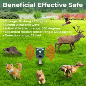 Newest Fall and Winter 2024/5 Solar Animal Repellent Motion Activated with Flashing LED Lights, USB Cable and Alarm - Raccoon Repellent Deer Dog Birds Fox Rats Cat Animal Repeller Ultrasonic Outdoor