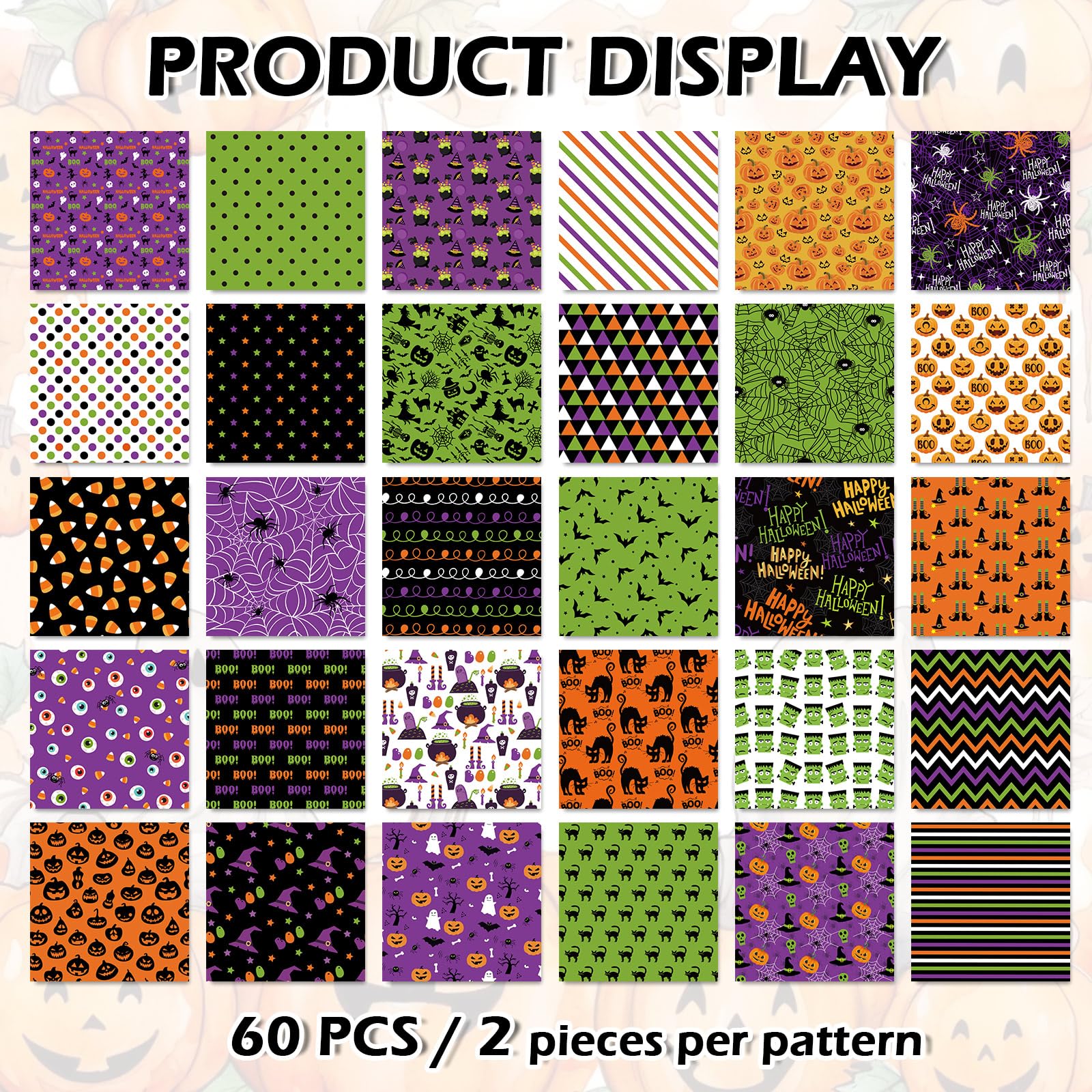 JarThenaAMCS 60Pcs Halloween Cotton Fabric Bundles 10 x 10 Inch Halloween Character Fat Quarters Green Purple Black Orange Sewing Fabrics for DIY Craft Party Decor