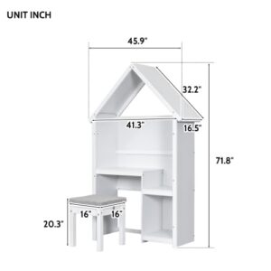 FocusOnHome House-Shaped Kids Desk with A Cushion Stool, House-Style Desk and Stool Set, White