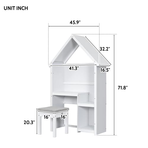 FocusOnHome House-Shaped Kids Desk with A Cushion Stool, House-Style Desk and Stool Set, White