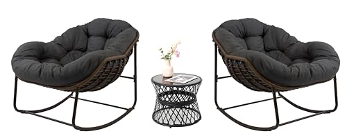 Hubhalsun Deluxe Patio Rocking Chair with Padded Cushion, Oversized Rattan Egg Rocking Chair, Indoor & Outdoor, Rocker Recliner Chair for Front Porch, Garden, Patio, Backyard (61611815-sets3-B)