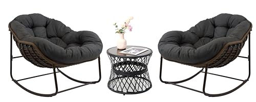 Hubhalsun Deluxe Patio Rocking Chair with Padded Cushion, Oversized Rattan Egg Rocking Chair, Indoor & Outdoor, Rocker Recliner Chair for Front Porch, Garden, Patio, Backyard (61611815-sets3-B)