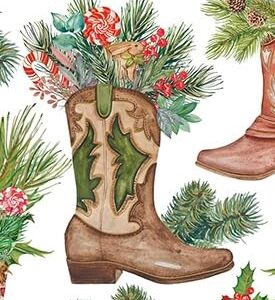 REVEL & Co Western Christmas Folded Christmas Wrapping Paper, 2 Feet x 10 Feet Folded Holiday Giftwrap with Cowboy Boots, Cowboy Hats, Holiday Greenery and Metallic Gold Highlights