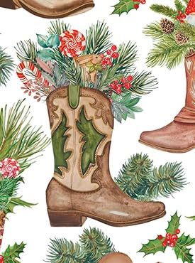 REVEL & Co Western Christmas Folded Christmas Wrapping Paper, 2 Feet x 10 Feet Folded Holiday Giftwrap with Cowboy Boots, Cowboy Hats, Holiday Greenery and Metallic Gold Highlights