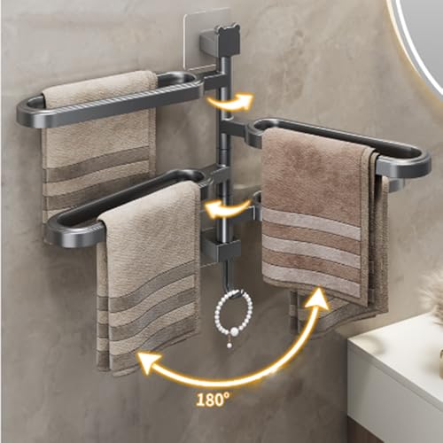 4-arm Swivel Towel Rails Fold Out Hardware l for Bathroom/Kitchen, Towel Hanger Wall Mounted Holder Rotatable Bath Towel Rod Arm Space Saver Rack Organizer (Four pole)