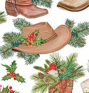 REVEL & Co Western Christmas Folded Christmas Wrapping Paper, 2 Feet x 10 Feet Folded Holiday Giftwrap with Cowboy Boots, Cowboy Hats, Holiday Greenery and Metallic Gold Highlights