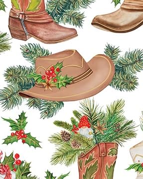 REVEL & Co Western Christmas Folded Christmas Wrapping Paper, 2 Feet x 10 Feet Folded Holiday Giftwrap with Cowboy Boots, Cowboy Hats, Holiday Greenery and Metallic Gold Highlights