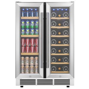 icyglee 24" wine and beverage refrigerator, dual zone wine cooler with glass door, hold 88 cans & 21 bottles, built in or freestanding under counter wine fridge with blue led light.